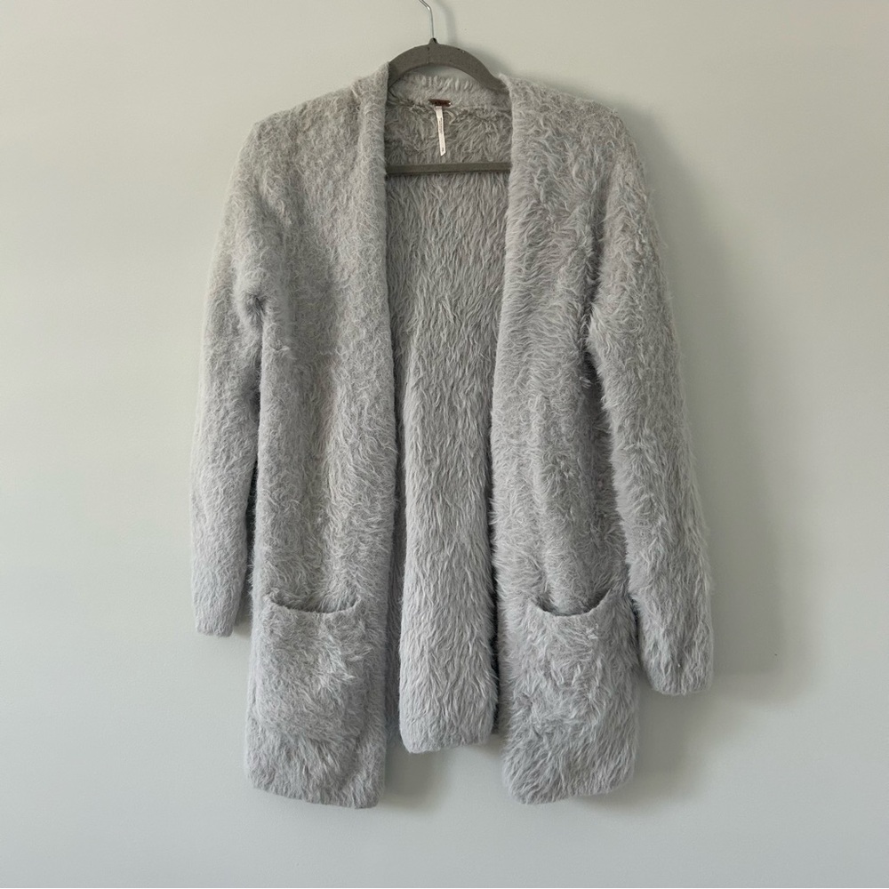 Free People Light Grey Super Soft Faux Fur Fuzzy Lounge Cardigan Sweater S